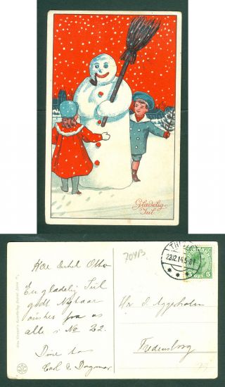Denmark.  Christmas Card 1914.  5 Ore King.  Snowman,  Pipe,  Children,  Tree.  Thisted.