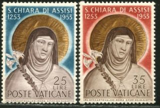Vatican Sc 169 - 170 1953 St.  Clare Of Assisi Complete Set Og Nh