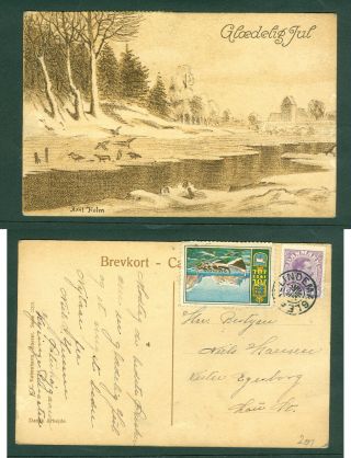 Denmark.  Christmas Card 1923 With Seal,  15 Ore King,  Star Cancel: Allingemagle.