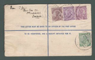 1920s India Uprated And Insured Registered Envelope From Madras To England