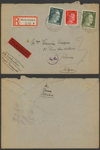 Germany Wwii 1943 - Registered Cover Berlin To Roux Belgium - Censor D145