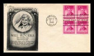 Us Cover Will Rogers Famous Americans Block Of 4 Fdc Scott 975 Lowry Aristocrats