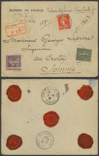 France 1917 - Registered Value Cover Rouen To Le Crotoy S85