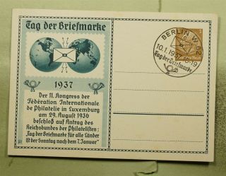 Dr Who 1937 Germany Berlin Stamp Day Special Cancel Postal Card E67039