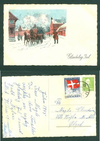 Denmark.  Christmas Card 1945.  Seal Star Cancel:horne.  Postman,  Wagon,  Horses.