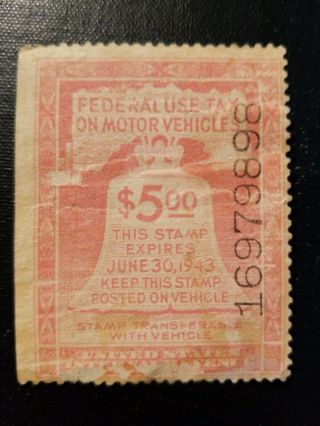 $5.  00 Us 1942 Revenue Motor Vehicle Tax Stamp Rv6