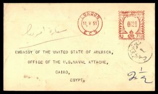 Mayfairstamps 1951 Great Britain London Metered To Egypt Us Naval Attache Card W