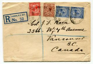 Uk Gb - London 1929 George V - Registered Rate Cover To Vancouver Bc Canada