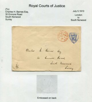 Uk Gb - London 1910 Royal Courts Of Justice - Official Paid Cover To Surrey -
