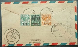 Bma Malaya Kgvi 17 Nov 1948 Registered Airmail Cover From Penang To South India
