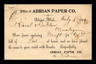 Dr Jim Stamps Us Adrian Paper Company Michigan Postal Card 1896