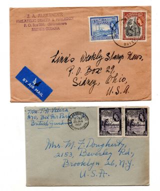 2 British Guiana To Us Airmail Stamp Covers Qeii 1950s Id 398