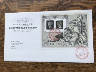 Gb Fdc 1990 Penny Black Anniversary Stamp M/s,  Bureau Postmark
