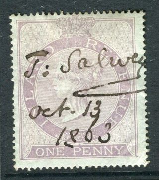 Britain; 1860s Early Classic Qv Fiscal Issue Fine 1d.  Value