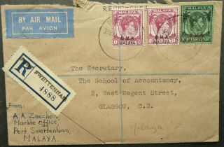 Bma Malaya 31 May 1948 Regist.  Airmail Cover From Port Swettenham To Scotland