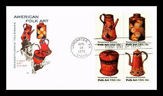 Dr Jim Stamps Us American Folk Art Pennsylvania Toleware Fdc Cover Block Of Four