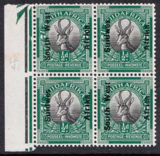 South West Africa Kgv 1926 1/2d Black Green Block Sg41 Never Hinged Mnh