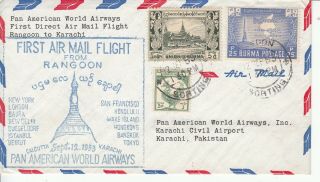 Burma 1953 Pan American First Flight Cover To Karachi Pakistan
