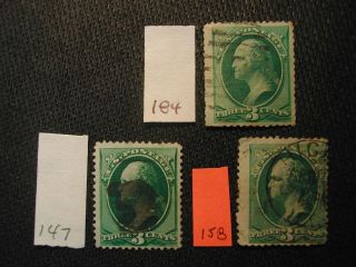 Us Stamps Scott 147,  158,  184 3 Cent Green Singles