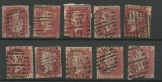 1858 Sg 43/4 1d Reds X 10 With South West London Postmarks, .