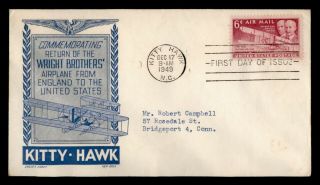 Dr Who 1949 Fdc Wright Brothers Flight Airmail Ken Boll/cachet Craft E42763