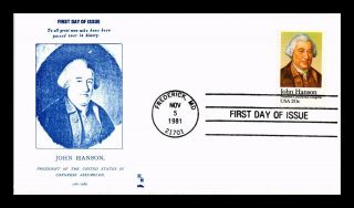 Dr Jim Stamps Us John Hanson Continental Congress Fdc Cover Frederick Maryland