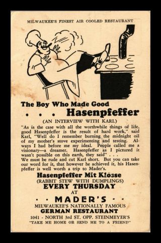 Dr Jim Stamps Us Maders Milwaukee Restaurant Hasenpfeffer Chef Postcard