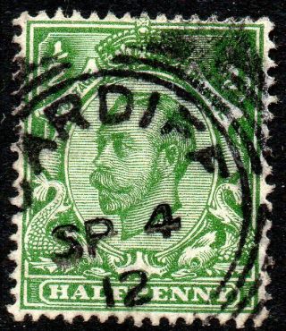 1912 Sg 338 N4/3 ½d Deep Green (die B) With Cardiff Squared Circle Cancellation