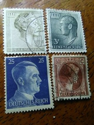 4 Stamp Set World War Ii Nazi Germany And Luxembourg Stamps And Hitler