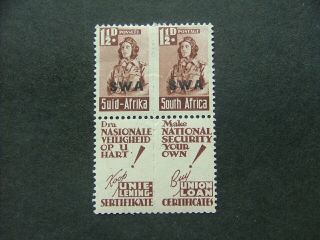 South West Africa 1943 War Effort 1½d Red - Brown Sg125 Mm Pair With Ad Labels