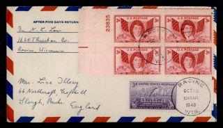 Dr Who 1948 Racine Wi Plate Block Airmail To England E47339