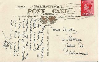 King Edward Vii 1d Red On Postcard Of Abersoch 1937 My Ref 2477