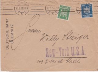 Germany - 1926 Postage Paid 25 Pf On Deutsche Bank Chemnitz Letter Cover To Usa