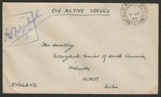 Gb Army Field Post Office 549 1943 Unstamped Cover Sudan Uk Deputy Chief Censor