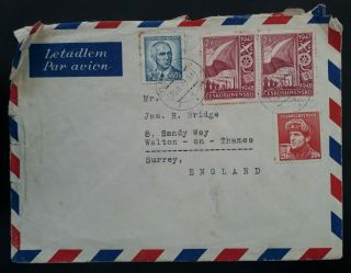 Rare 1947 Czechoslovakia Airmail Cover Ties 4 Stamps Canc Olomouc To Uk