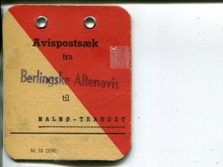 Denmark Mail Bag Tag For Newspapers To Malmö Transit,  Printed 1950