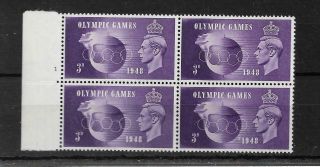 Kgvi 1948 Olympic Games Mnh Block Of Four 3d Violet Sg 496 My Ref 40