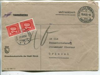 Switzerland Postage Due Cover Zürich To Oberaar (grimsel) 1950