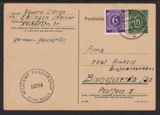 Germany 1946 Censored Uprated Postal Stationery Card Esslingen Cancel - (22)