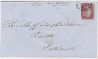 Great Britain - 1852 Qv 1d Red Blue Paper Imperf On Birmingham Cover To Bakewell