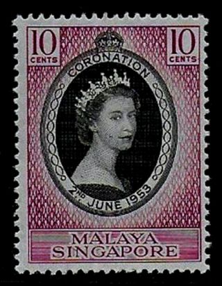 Malaya Singapore 1953 Qeii Coronation 10c Black & Purple - Mlh