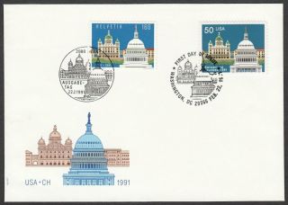 Switzerland,  1991 Parliament Joint - Issue Usa Illustrated Fdc.  Special Handstamps