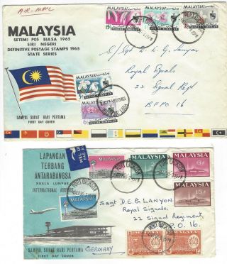 Malaysia 1965 2x Fdc First Day Cover W/ 3x Complete Stamp Sets Airmail To Bfpo