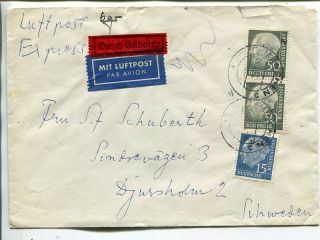 Germany Brd Heuss 2x50,  15pf On Airmail Express Cover To Sweden 1956