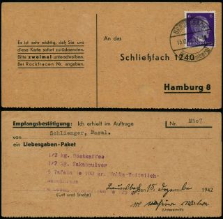 J476 Germany Postcard Braunsbach Hamburg 1942