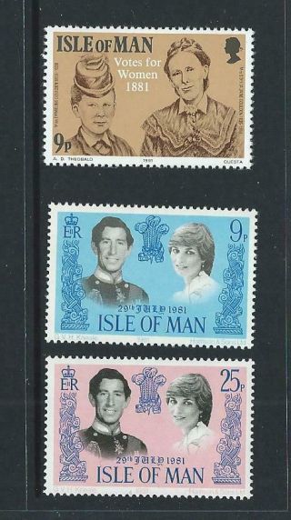 1981 Isle Of Man Suffrage & Royal Wedding Set (sg 201 - 203) Mnh
