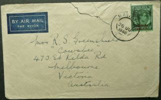 Bma Malaya 26 Ju 1946 Airmail Postal Cover From Rawang To Melbourne,  Australia