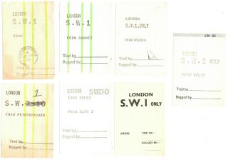 POST OFFICE POST BAG LABELS to London SW 1 x 15 c1960/70s from various locations 2