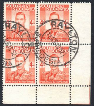 Southern Rhodesia 1937 4d Red - Orange,  Corner Block Of 4,  Sg.  43,  Vfu