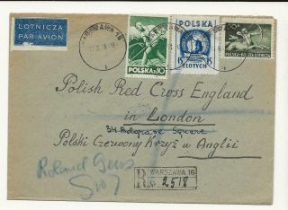 D5 Poland 1948 Registered Airmail Cover To Polish Red Cross In England